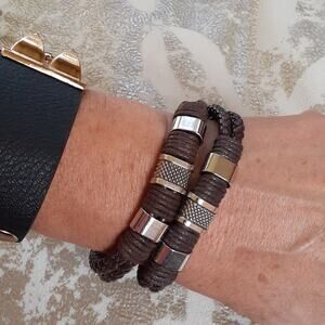 2 Unisex Friendship Bracelets Bohemian Hawaiian Leather Metal Look Rocker Skater